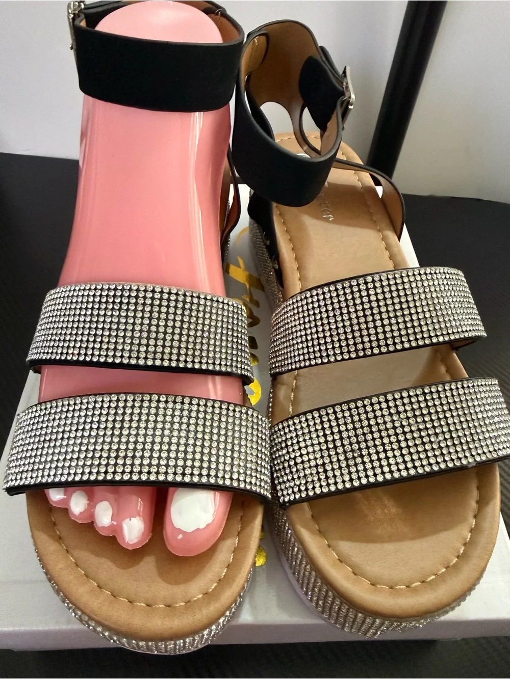 Forever 21 Black Rhinestone Platform Sandals with Silver Accents